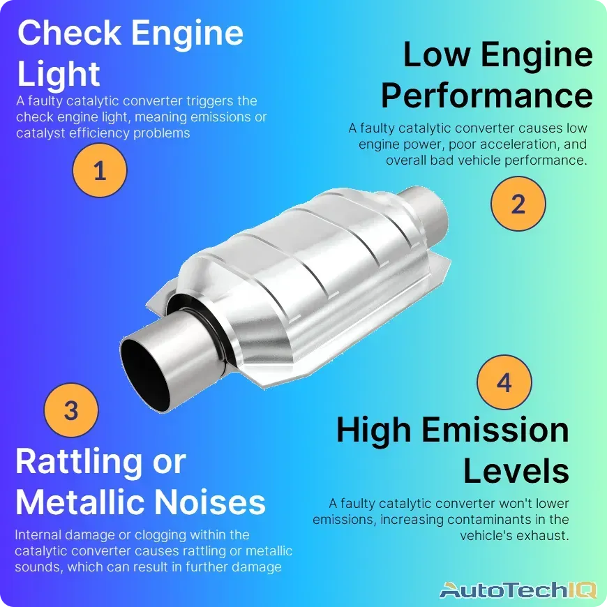 Common symtpoms of a faulty catalytic converter check engine light, low engine performance, rattling or metallic noises, high emissions levels