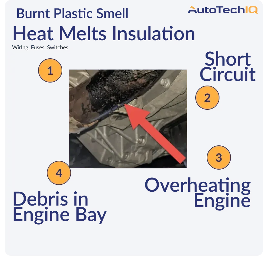 A Burnt Plastic Smell can be caused by short circuits, melted fuses/wiring or switches, plastic on an overheating engine 
