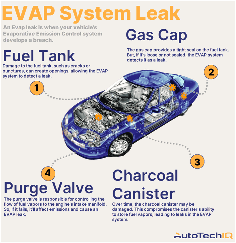 Four common causes for a vehicle EVAP system leak and their related parts.