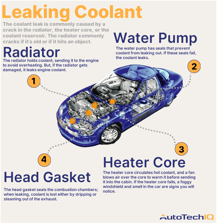 Four common causes for a leaking coolant from the vehicle and their related parts.