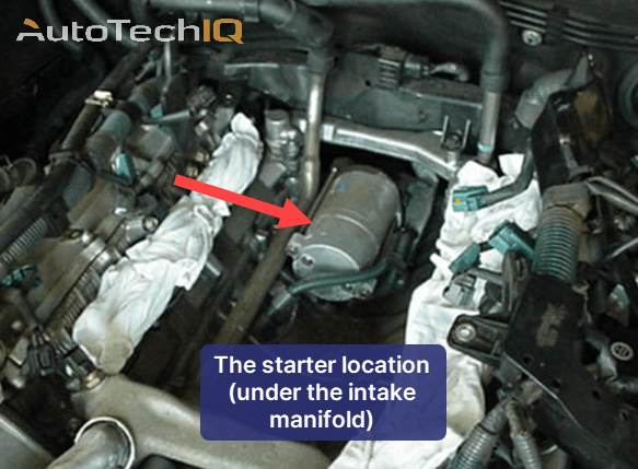 Location of the starter motor under the hood