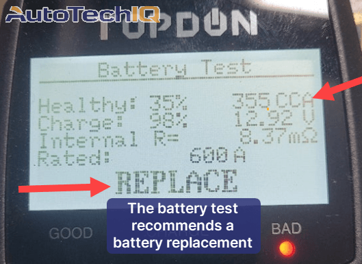 A battery test showing that a battery needs replacement