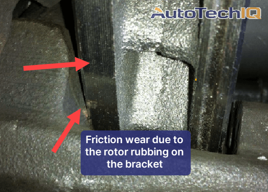 A rotor rubbing against other components because of a wheel bearing failure