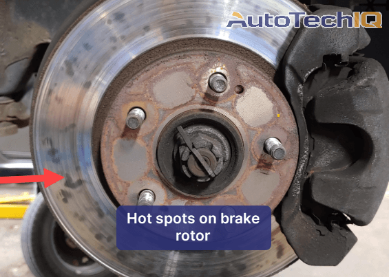 An overheated brake rotor with hot spots