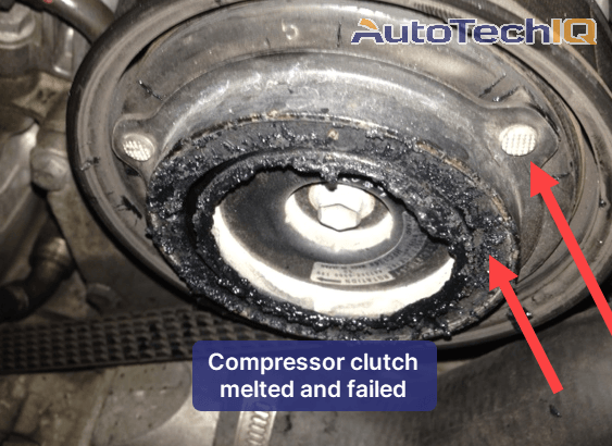 The AC compressor clutch is failing because it lacks proper voltage