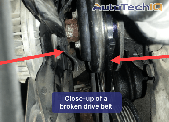 A broken alternator belt causes various electrical issues in the car, including engine overheating