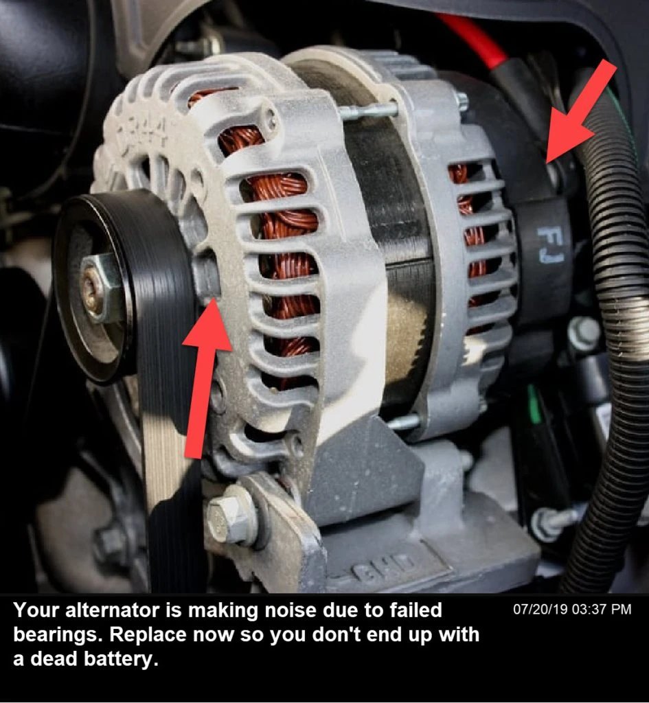 Alternator bearing failure causing humming noises from underhood and triggering electrical problems