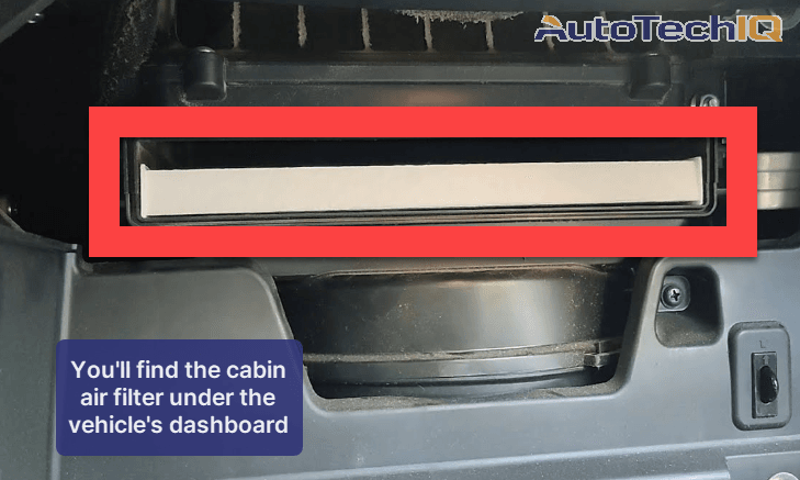 The cabin air filter is found under the vehicle's dashboard and can be removed manually by pulling it