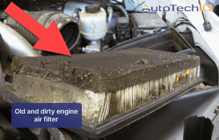 Engine air filter removed from under the dashboard. The filter is clearly filled with dust and debris and needs replacement