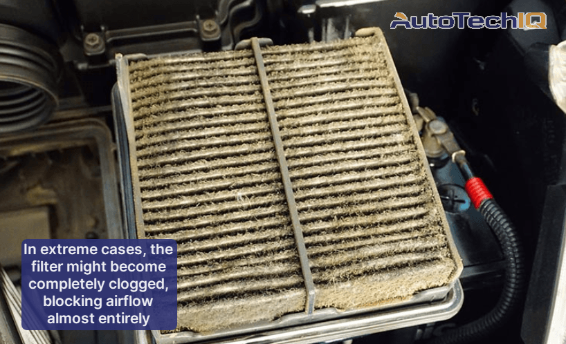 A completely clogged filter, blocking airflow almost entirely and damaging the engine indirectly