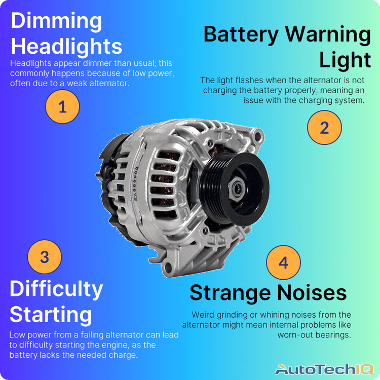 Faulty alternator symptoms like dimming headlights, battery warning light, difficulty starting and strange noises