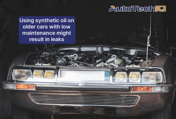 Using synthetic oil in older engines with high mileage that were using conventional oil before might be a bad idea and cause leaks or other problems