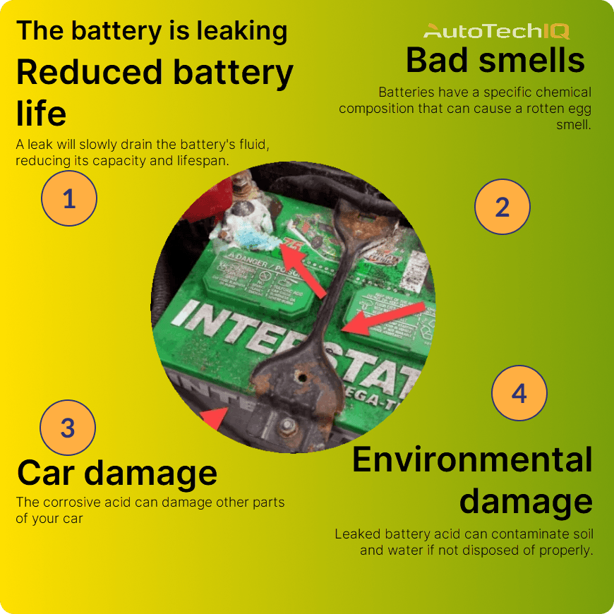 Common results of a leaking battery includes reduced battery life, bad smells, car damage and environmental damage