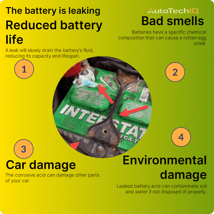 Common results of a leaking battery includes reduced battery life, bad smells, car damage and environmental damage
