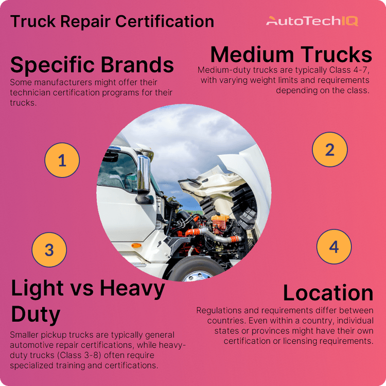Trcuk repair certifications often depend on location, specific brands, medium trucks, light trucks, or heavy-duty trucks.