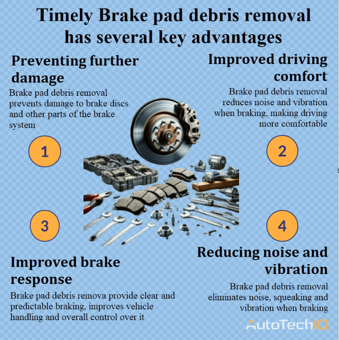 Brake pad debris removal with information about the need to perform it