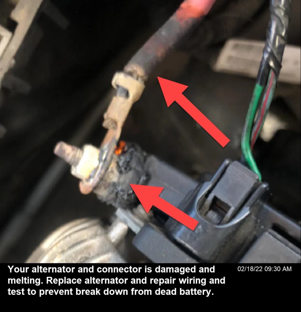 Broken circuit wire in the alternator leads to overheating and melting of components, causing a burning plastic smell