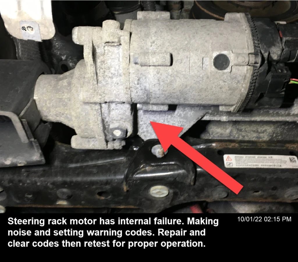 Faulty steering rack due to damages in the power steering system, causing noises and warning lights