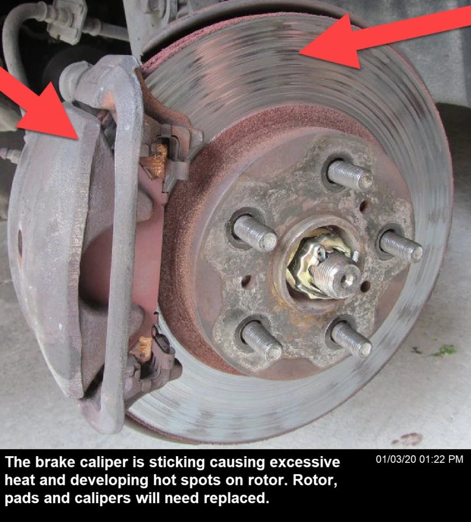 Stuck brake caliper causing the brake to partially apply, generating heat and vibrations on the steering wheel