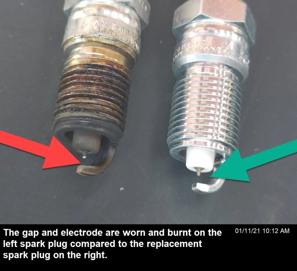 Worn spark plugs comparison between a worn out with a new one