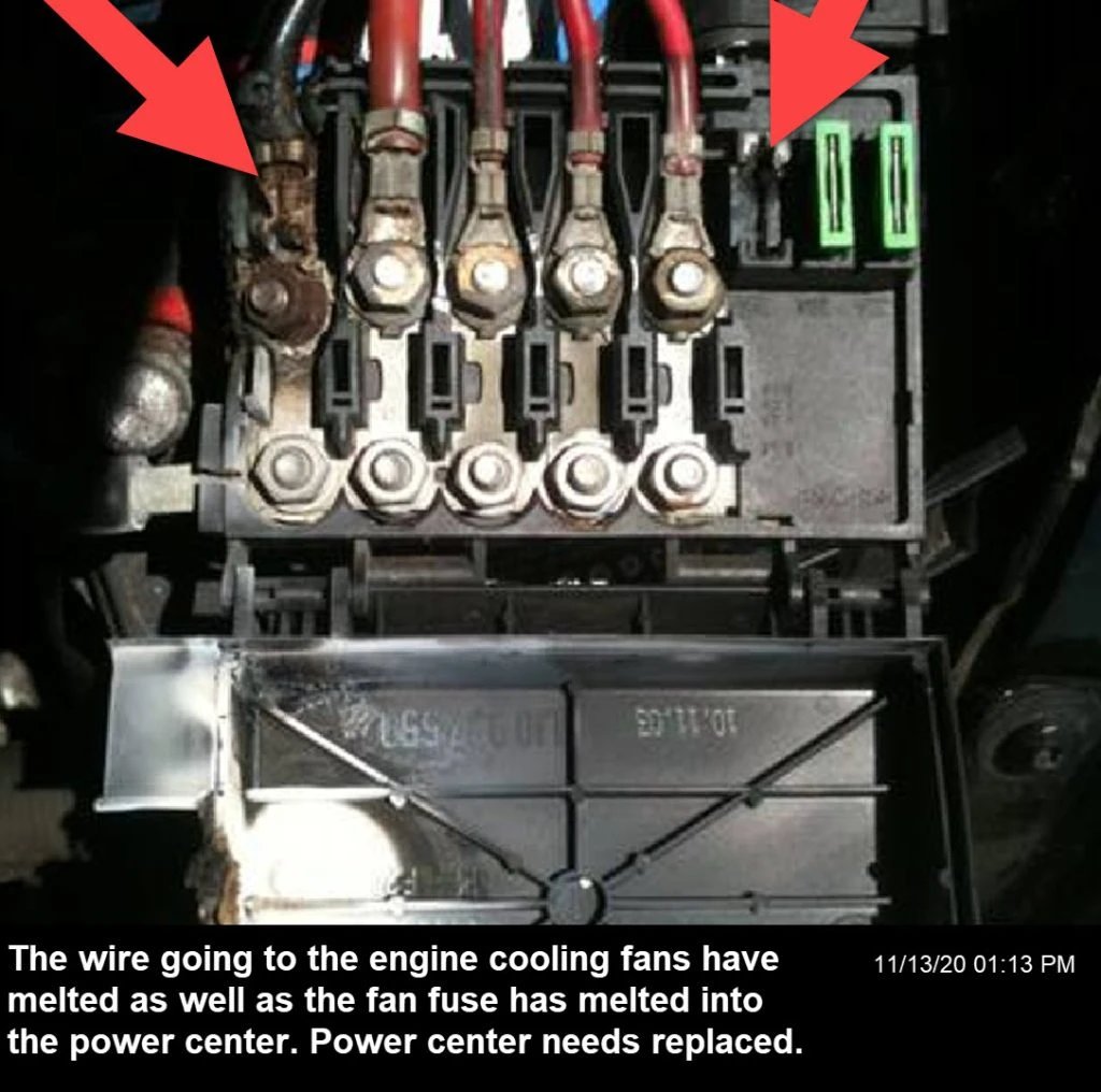 Engine overheating due to connection problems where terminals melted because of overheating, making the fans stop working and resulting in poor engine airflow