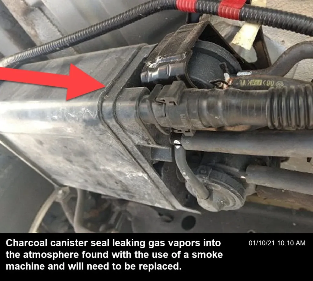 A charcoal canister has seals that can allow gas vapors to leak if they fail