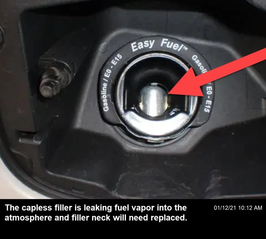 The fuel cap is missing and allowing fuel vapor to escape. This affects fuel economy and triggers a warning light