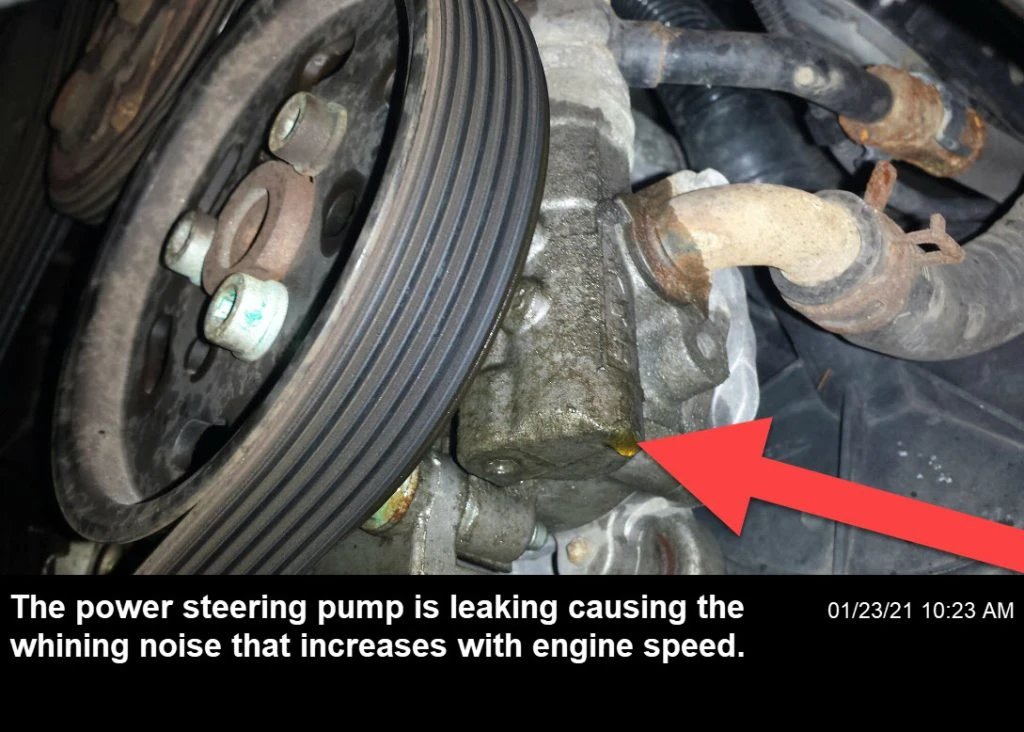 A power steering pump leak causes a whining noise that icnreases with speed
