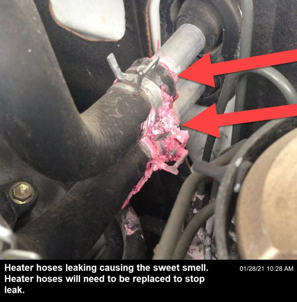 Heater hoses can allow coolant leak, causing a sweet-scented smell in some cases