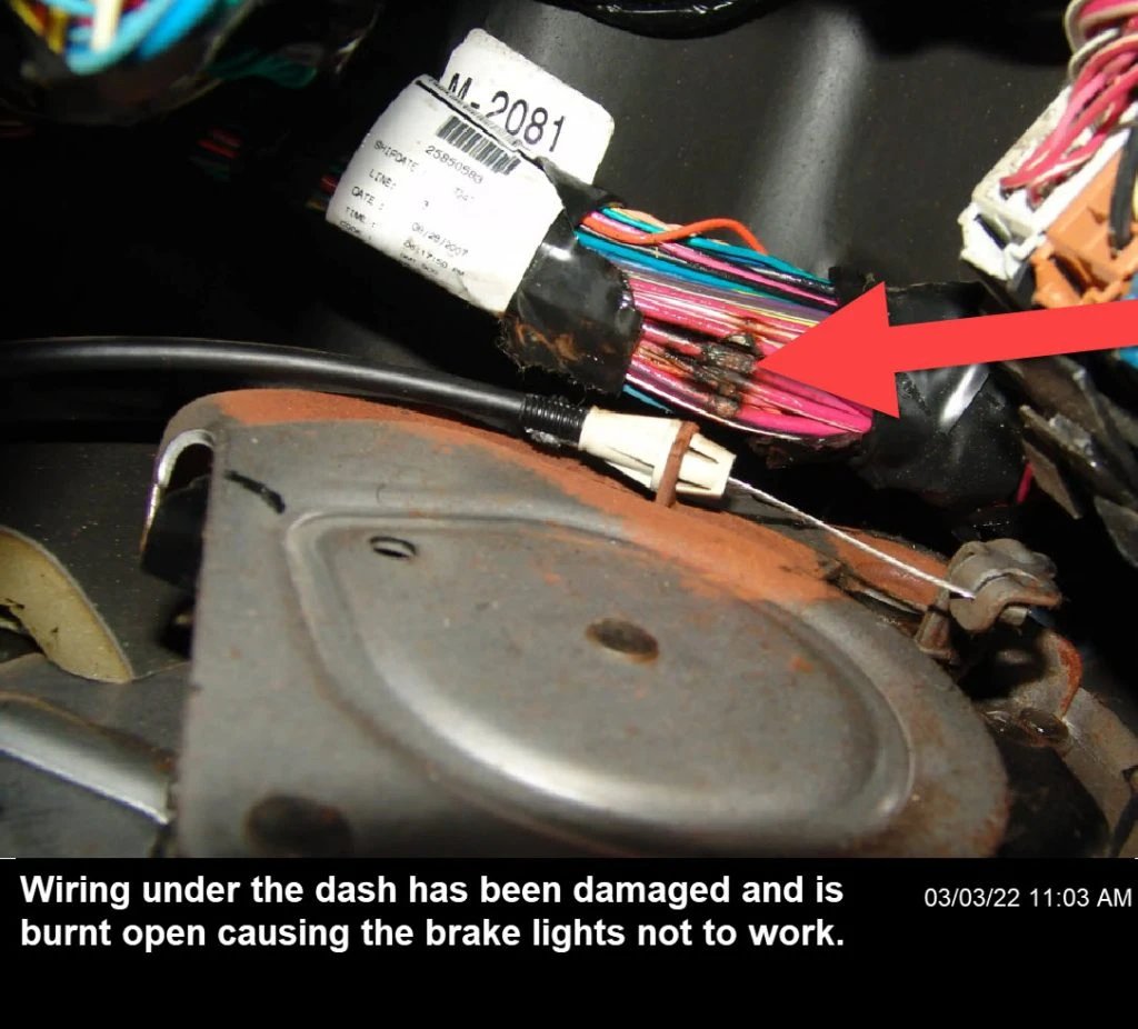 Brake lights malfunction due to damaged brake switch wires, also causing the transmission to fail.