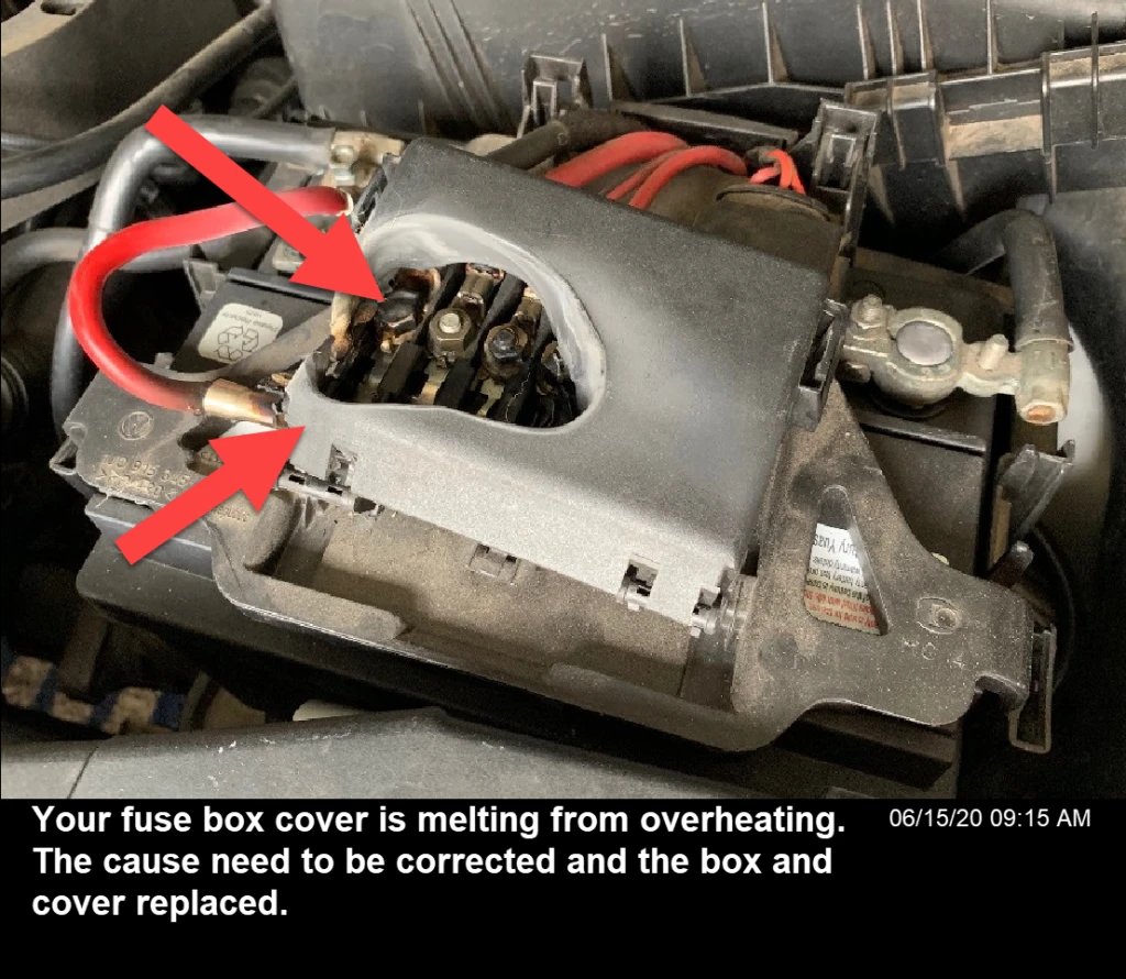 A blown fuse can melt nearby component like the fuse box cover, which is plastic, causing a burning plastic smell
