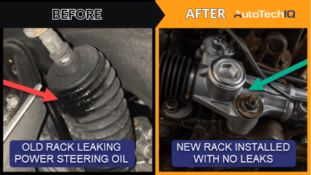 Comparison of a Vehicle's Steering Rack Old With Oil Leak Vs. New Installation Without Leaks