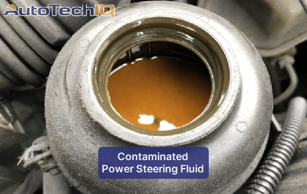 A power steering fluid reservoir showing contamination