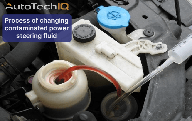 Process showing the exchange of old power steering fluid from the reservoir