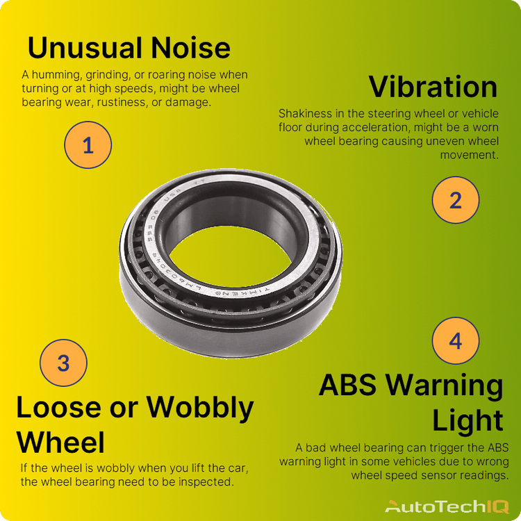 Wheel bearing symptoms Unusual Noise, Vibration, Loose or Wobbly Wheel, ABS Warning Light