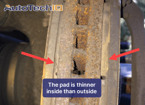 The brak pad shows a thinner side on the inside than outside due to wear