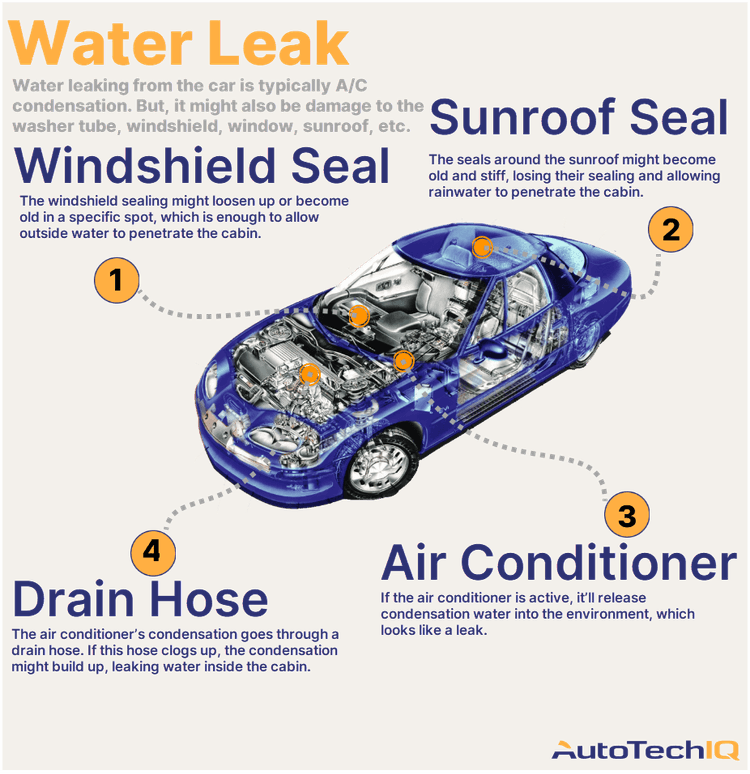 Four common causes for leaking water from the vehicle and their related parts.