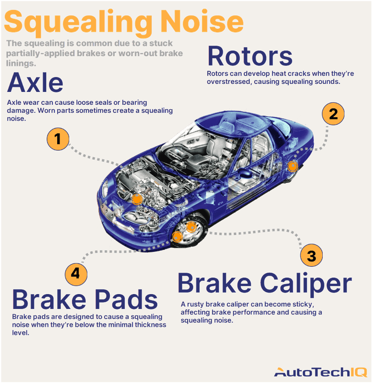 Four common causes for a squealing noise from the vehicle and their related parts.